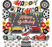 Decoraciones de fiesta de cumpleaños de coche de carreras, 32 banderines de feliz cumpleaños, decoración de pastel a cuadros, globos de aluminio para hombres y niños, suministros de fiesta temática