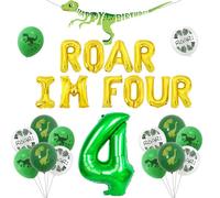 Decoraciones de fiesta de cumpleaños de dinosaurio, rugido Im cuatro decoraciones de cumpleaños, pancarta de cumpleaños de dinosaurio, globos número 4, suministros de fiesta temática de dinosaurio de