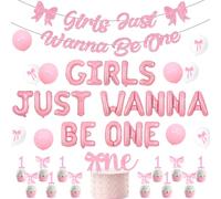 Decoraciones de fiesta de cumpleaños de Girls Just Wanna Be One, decoración de primer cumpleaños para niñas, kit de guirnalda de globos rosa con temática de lazo rosa para tartas y cupcakes para el