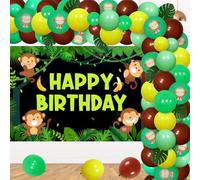 Decoraciones de fiesta de cumpleaños de mono, kit de guirnalda de globos de safari de la selva con fondo de feliz cumpleaños, globos de papel de aluminio de plátano de mono