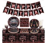 Decoraciones de fiesta de cumpleaños de oro rosa y negro para niñas, mujeres, incluye cartel de feliz cumpleaños, mantel, platos de papel, servilletas, vasos de papel, sirve para 20 invitados