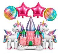 Decoraciones de fiesta de cumpleaños de unicornio jumbo para niñas, juego de 7 globos de princesa con globos de unicornio de pie, globo de castillo, globos de feliz cumpleaños, globos de aluminio de