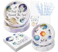 Decoraciones de fiesta de cumpleaños del primer viaje alrededor del sol, 120 piezas de suministros de fiesta del espacio exterior, vajilla desechable que incluye platos de papel, servilletas, vasos y