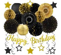 Decoraciones de fiesta de cumpleaños en negro y dorado - 29 piezas negras decoraciones de fiesta para hombres y mujeres, pancartas de felicitación, tiras de papel, linternas y pompones de papel