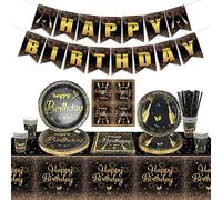 Decoraciones de fiesta de cumpleaños en negro y dorado para hombres, mujeres, incluye cartel de Happy Birthday, mantel, platos de papel, servilletas, vasos de papel, para 20 invitados