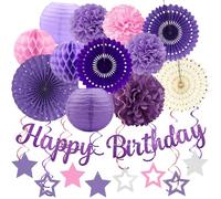 Decoraciones de fiesta de cumpleaños moradas - 29 piezas lavanda rosa púrpura decoraciones de fiesta para mujeres y niñas, pancartas de felicitación, tiras de papel, linternas y pompones de papel