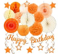 Decoraciones de fiesta de cumpleaños naranja - 29 piezas naranja beige decoración de fiesta para mujeres niñas, otoño melocotón Acción de Gracias decoración Happy Birthday Banner Papel Tissue Pom Poms