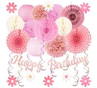 Decoraciones de fiesta de cumpleaños rosa - 29 piezas beige oro rosa decoraciones de fiesta para mujeres y niñas, pancartas de feliz cumpleaños, guirnaldas de flores de papel, linternas, pompones de
