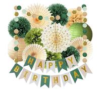 Decoraciones de fiesta de cumpleaños verdes, linternas de papel, guirnalda de círculos, abanicos de papel colgantes, decoración de cumpleaños, decoración de fiesta verde salvia con pancarta de feliz