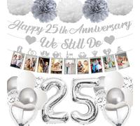 Decoraciones de fiesta de feliz 25 aniversario - Decoración plateada con purpurina que todavía hacemos con pancarta, globos, pompones de papel, guirnalda de fotos, suministros de fiesta de aniversario