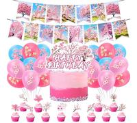 Decoraciones de fiesta de flores de cerezo Decoraciones japonesas Incluye flores de cerezo feliz cumpleaños Banner Pastel Cupcake Toppers Globos de flores de cerezo Suministros para fiestas