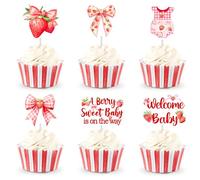 Decoraciones de fiesta de fresa con lazo rosa - 36 piezas de decoración para cupcakes con texto en inglés "A Berry Sweet Baby Is on the Way", juego de decoraciones para cupcakes para niñas, fresas y