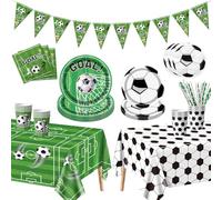 Decoraciones de fiesta de fútbol para 20 invitados, incluye estandarte de fútbol, platos de papel, servilletas, tazas, manteles para el evento de fútbol de la fiesta de cumpleaños del fútbol masculino