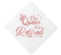Decoraciones de fiesta de jubilación para mujer, decoraciones de feliz jubilación, servilletas de cóctel, color oro rosa, paquete de 50, 5 x 5 pulgadas, dobladas, la reina se ha retirado