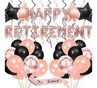 Decoraciones de fiesta de jubilación para mujeres: artículos de jubilación Oro rosa, Bandera de globo de jubilación feliz, Faja Retirada, Papel de aluminio colgando de remolinos, Globos de confeti