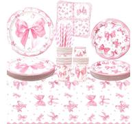 Decoraciones de fiesta de lazo rosa - Vajilla de fiesta de lazo - Platos de cena, platos de postre, tazas, servilletas, mantel de popote, suministros para fiesta de cumpleaños de niña coqueta, sirve