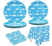 Decoraciones de fiesta de nubes blancas cielo azul para 20 invitados, el juego de vajilla incluye platos de papel, mantel, servilletas para niños fiesta de cumpleaños, decoración de baby shower