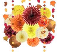 Decoraciones de Fiesta de Otoño: Abanicos de Papel Naranja y Burdeos, Pompones Amarillos, Faroles, Guirnalda de Hojas de Arce, Lunares Circulares para Cosecha, Cumpleaños