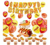 Decoraciones de fiesta de perros calientes, comida rápida, accesorios para fiestas de cumpleaños, incluye banner de cumpleaños para perros calientes, decoración para tartas, cupcakes, globos