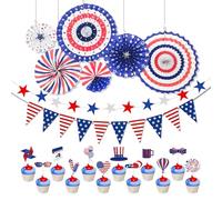 Decoraciones de fiesta del 4 de julio, decoración de fiesta del día de la independencia americana, color rojo, azul y blanco, decoración de pastel de Estados Unidos, banderines de bandera