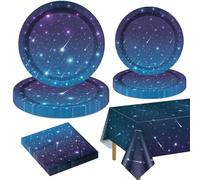 Decoraciones de fiesta del espacio exterior para 20 invitados, el juego de vajilla incluye platos de papel de noche estrellada, servilletas, mantel para el cumpleaños temático de la galaxia espacial