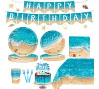Decoraciones de fiesta en la playa, decoraciones de fiesta temática del océano incluyen platos, servilletas, vasos, decoración de tartas, mantel de pancarta para piscina hawaiana, suministros de