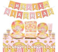 Decoraciones de fiesta Groovy, Incluye Banner de Cumpleaños Boho Hippie, Mantel, Platos de Papel, Vasos, Servilleta para Fiesta de Cumpleaños Retro, Dos Fiestas de Cumpleaños Groovy, para 20 invitados