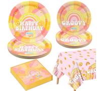 Decoraciones de Fiesta Groovy para 20 Invitados, Incluye Platos de Papel de Cumpleaños, Servilletas, Mantel para Fiesta de Cumpleaños Retro Hippie Boho Rainbow Dasiy, Two Groovy Birthday Party
