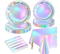 Decoraciones de fiesta iridiscentes para 20 invitados, incluye platos de papel holográficos, servilletas, mantel para niñas Cumpleaños Decoraciones de fiesta con temática de sirena