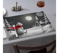 Decoraciones de fiesta occidental, un gato blanco con una bufanda roja se sienta en un paisaje nevado bajo una luna llena, manteles individuales de primavera, decoración de fiesta occidental (4 piezas