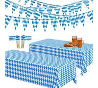 Decoraciones de Fiesta Oktoberfest, 2 Manteles de Fiesta de Diamantes Bávaros Azules y Blancos + Banderín de Bandera Bávara de 20 m + 50 Banderas de Palillos de Dientes,Decoración de Mesa Bávara