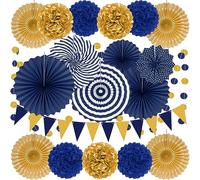 Decoraciones de fiesta reutilizables de color azul marino dorado para fiestas de cumpleaños, decoración de boda, 19 abanicos de papel colgantes, pompones de flores, guirnaldas, lunares y banderines
