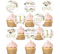 Decoraciones de flores para el primer cumpleaños de niña, 24 adornos florales rosas para cupcakes para Isn't She Lovely Isn't She Onederful Little Miss Onederful Baby Girl 1er cumpleaños decoraciones