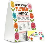 Decoraciones de flores para juego de fiesta de cumpleaños, What is Your Flower Name, letrero de pie de 5 x 7 pulgadas y 30 calcomanías con nombre