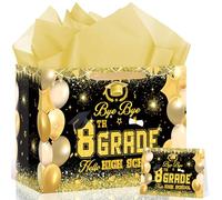 Decoraciones de graduación de octavo grado, bolsa de regalo de graduación de 8º grado con papel de regalo y tarjeta, suministros de fiesta de graduación