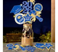 Decoraciones de graduación para la clase de 2026-60 piezas de centros de mesa de graduación azul dorado con purpurina con tira de luces LED para la escuela secundaria 2026, suministros de fiesta de