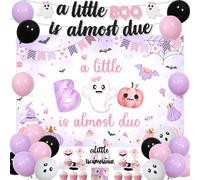 Decoraciones de Halloween para baby shower para niñas - A Little Boo Is Almost Due Banner telón de fondo rosa y morado fantasma globos kit decoración para tartas - Revelación de género embarazo