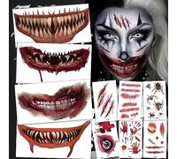 Decoraciones de Halloween Tatuajes temporales, 10 unidades de tatuajes faciales, calaveras para pegar + 30 pegatinas de Scars, pegatinas de Halloween, tatuajes falsos para disfraz de Halloween