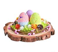 Decoraciones de mesa de Pascua de madera, 19,5 cm, huevos de espuma texturizados con vid tejida y detalles de piñas de pino, centro de mesa minimalista de primavera en multicolor apagado para