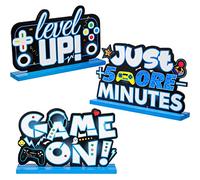 Decoraciones de Mesa de Videojuegos Letrero Pixelado de Mesa Centro de Mesa Madera, Topper de Mesa de Game On, Level up, Just 5 More Minutes, Decoración de Fiesta de Juegos (Azul)