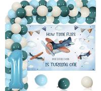 Decoraciones de primer cumpleaños de avión para niños, kit de arco de guirnalda de globos azules retro, fondo de primer cumpleaños con temática de avión, globo número 1 para cómo vuela el tiempo,