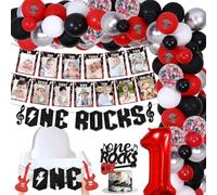 Decoraciones de primer cumpleaños de Rock and Roll, kit de arco de guirnalda de globos de primer cumpleaños, pancarta de silla alta, temática musical para pastel de primer cumpleaños, suministros de