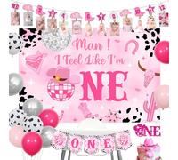 Decoraciones de primer cumpleaños de vaquera de discoteca, Man I Feel Like I'm One, telón de fondo de vaquera, globos para primer rodeo, suministros de fiesta de cumpleaños de vaquera occidental