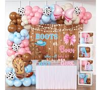 Decoraciones de revelación de género de botas o lazos: kit de guirnalda de globos rosa y azul, 4 cajas de bebé con letras, telón de fondo con temática occidental para niños o niñas