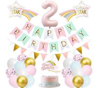 Decoraciones de segundo cumpleaños para niñas, decoraciones de segundo cumpleaños, suministros de fiesta para niñas, pancarta de feliz cumpleaños arcoíris, globos de 12 pulgadas, banderines de bandera