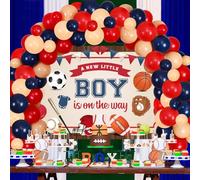 Decoraciones deportivas para baby shower para niño, arco de guirnalda de globos rojos y azules, telón de fondo de un nuevo niño está en el camino, globos de aluminio con temática deportiva,