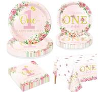Decoraciones Florales de Fiesta de 1er Cumpleaños para 20 Invitados, Incluye Platos de Papel Little Miss Onederful, Servilletas, Mantel de Feliz 1er Cumpleaños para Fiesta de Primer Cumpleaños de Niña