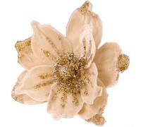 Decoraciones florales de Navidad, 4 piezas con purpurina dorada y base de alambre flexible para adornos de árboles, coronas y arreglos festivos (beige)