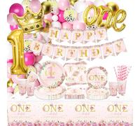 Decoraciones Florales para Fiesta de 1er Cumpleaños, Incluye Bandera de Cumpleaños, Platos de Papel, Vasos, Servilletas, Mantel, Globos para Fiesta de 1er Cumpleaños de Bebé Niña, Para 20 Invitados