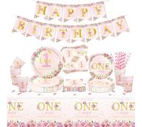 Decoraciones Florales para Fiesta de 1er Cumpleaños, Incluye Bandera de Feliz Cumpleaños, Platos de Papel, Vasos, Servilletas, Mantel para Decoración de Fiesta de Primer Cumpleaños de Niña, para 20